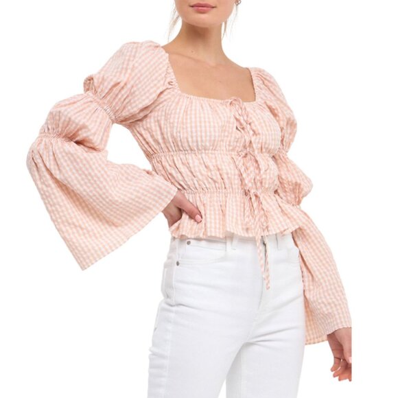 ENGLISH FACTORY Tie Detailed Gingham Shirring Top Long Sleeves Blush Pink Size L - Picture 2 of 10